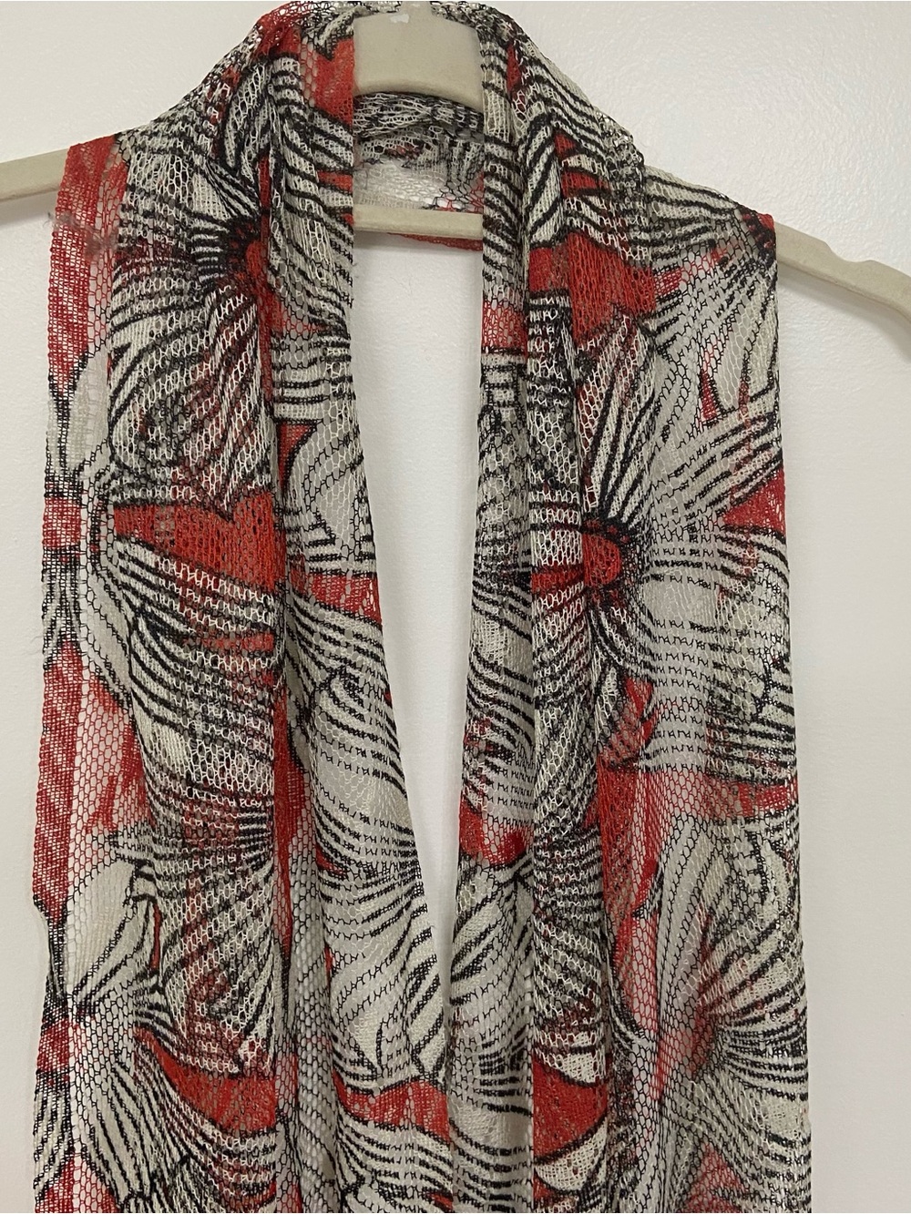 Boho Floral Open Knit Scarf Wrap Red Black Ivory Fringe 19” x 84”